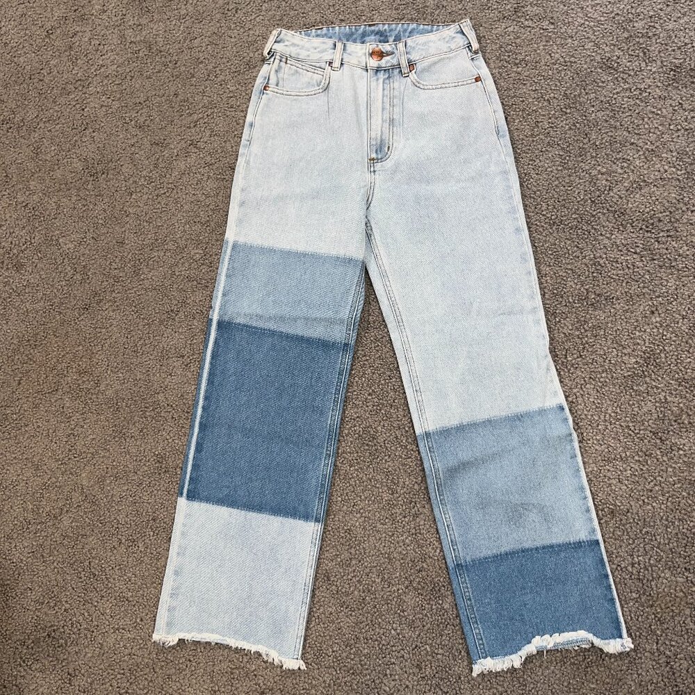 High-Waist Two-Tone Wide Leg Jeans - Light & Medium Blue